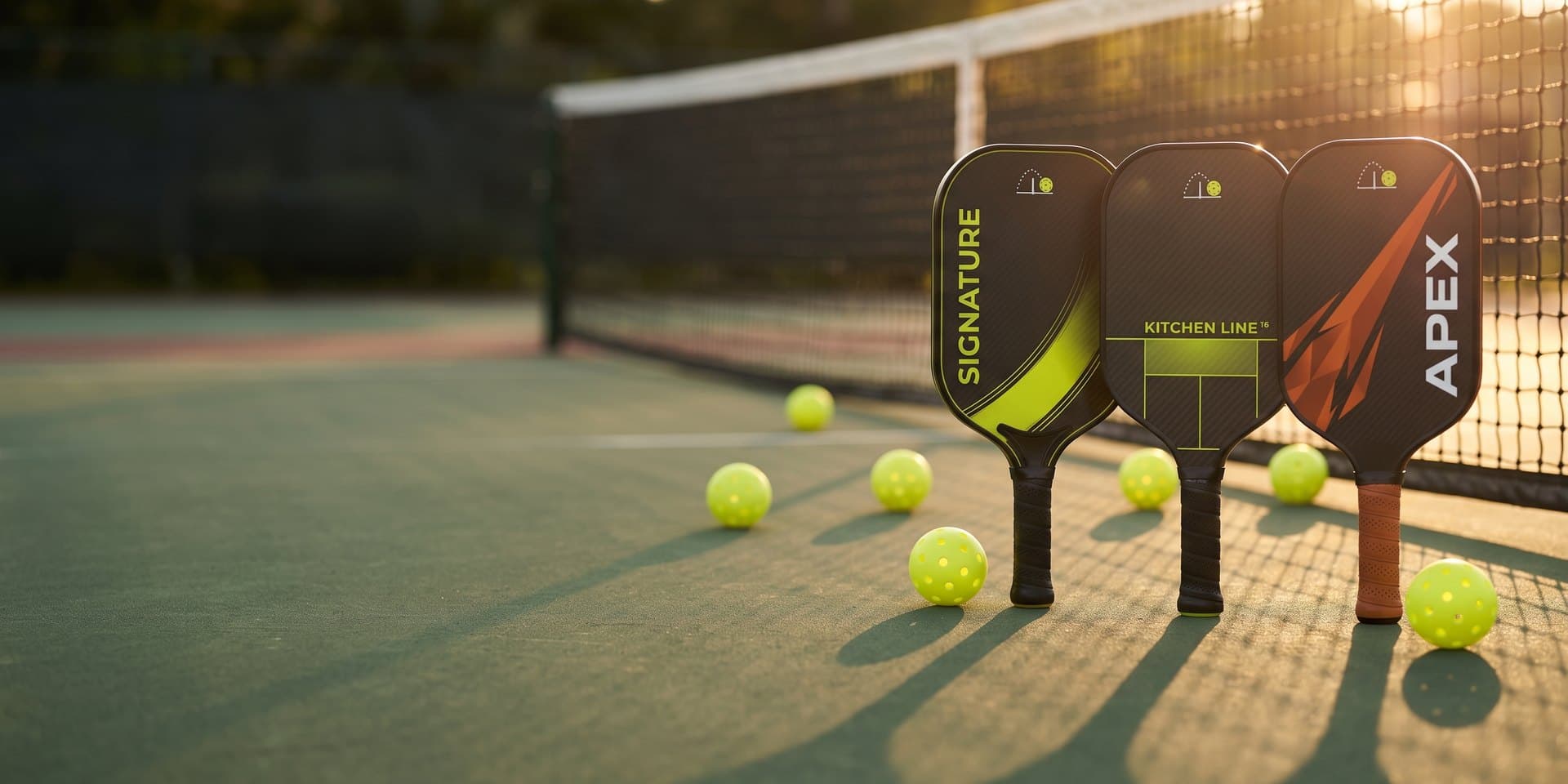 Signature Raw Carbon, Kitchen Line Carbon and Apex paddles with Tour 40 balls on court green