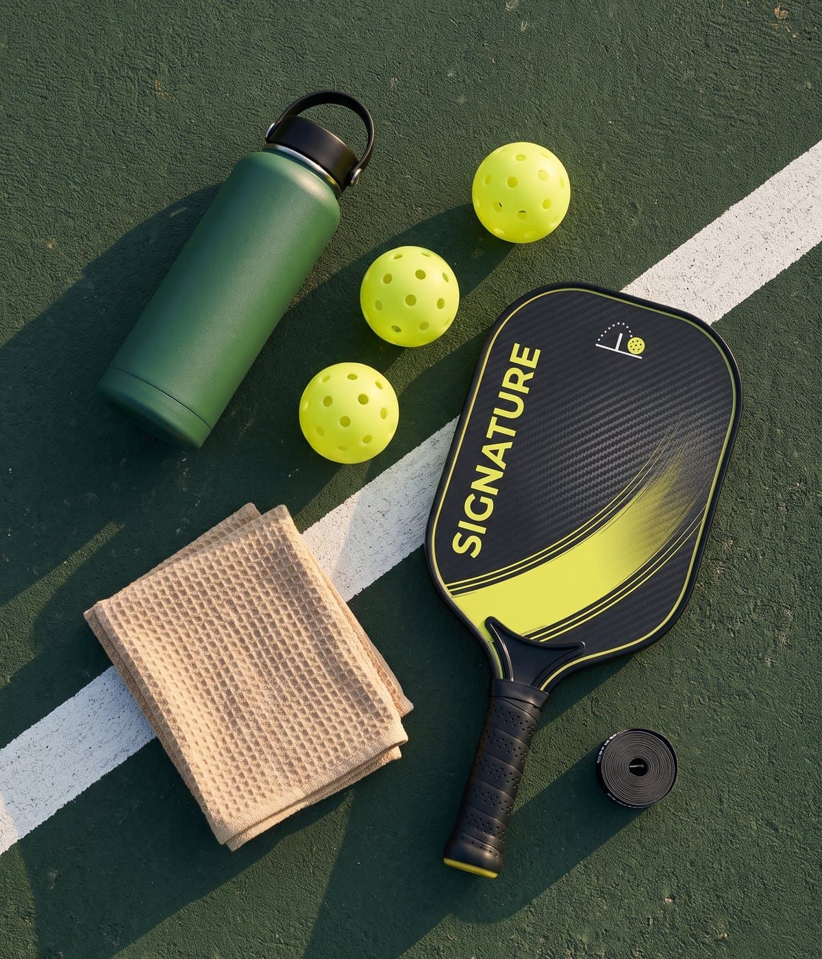 Overhead flat lay of a paddle, balls, bottle, towel and grip on court green